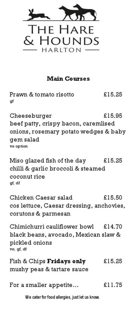 The Hare & Hounds Cambridge's full menu online