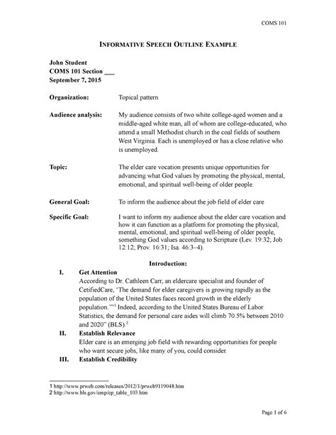 Informative Speech Outline Example INFORMATIVE SPEECH OUTLINE EXAMPLE