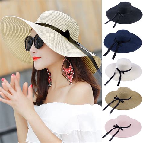 D Groee Womens Straw Ribbon Bow Hat Sun Hat For Women Beach Cap Summer