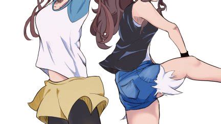 Hilda Pokémon long hair ponytail brunette two women anime anime girls Pokémon Rosa