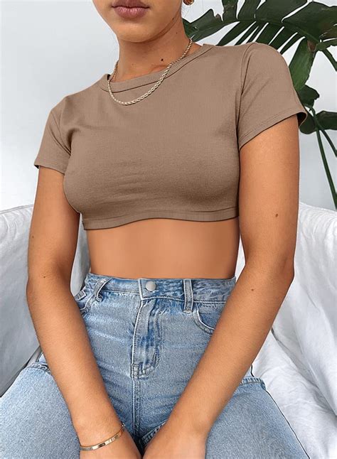 Vafful Crop Tops Sexy Trendy Basic Tight Scoop Neck Crop Short Sleeve