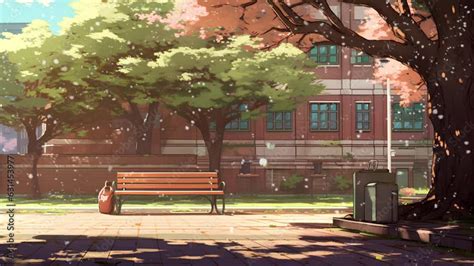 park bench in an anime style park. anime cartoon style. Seamless looping animated background ...