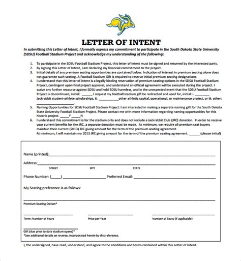 Free Sample National Letter Of Intent In Pdf Ms Word