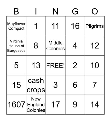 Colonial Bingo Card