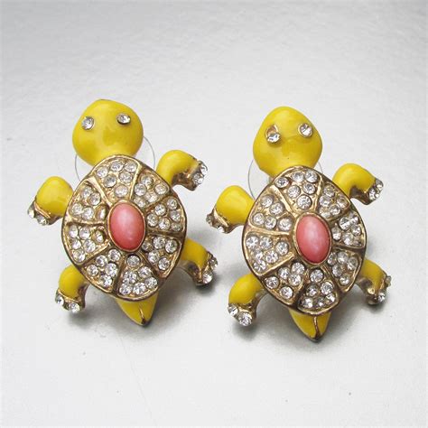 Cute Vintage Yellow Enamel And Rhinestone Turtle Pierced Etsy