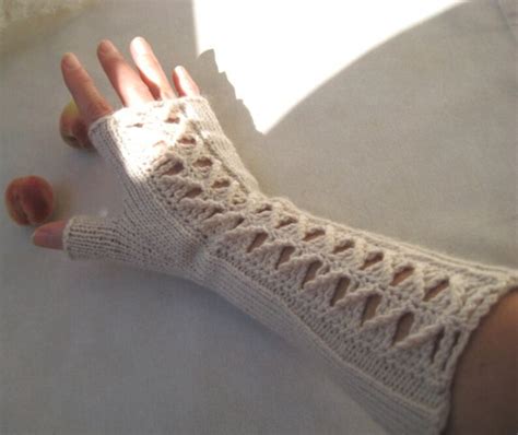 Long Knit Fingerless Gloves Fingerless Mittens Lace Rib Antique White Wedding Gloves Bridal