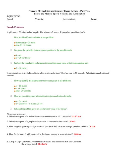 Practice Problems Speed Velocity And Acceleration