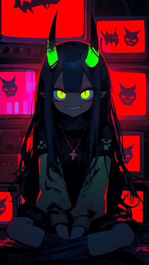 Download Wallpaper 1080x1920 Girl Demon Horns Bright Anime Art