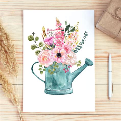 Watercolor Floral Watering Can Clipart Bundle Floral Watering Etsy