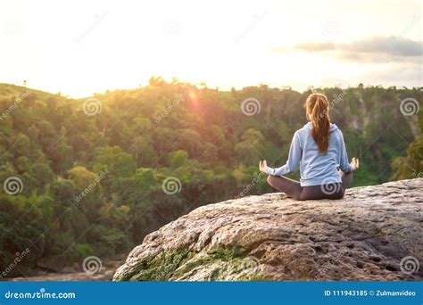 Yoga Woman Sit in Meditation Pose on Mountain Peak Rock at Sunrise Stock Image - Image of cliff ...