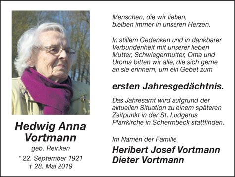 Traueranzeigen Von Hedwig Anna Vortmann Sich Erinnern De