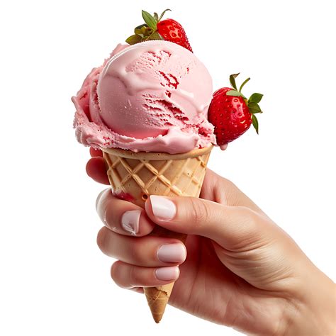 Hand Holding Strawberry Ice Cream On Isolated Transparent Background