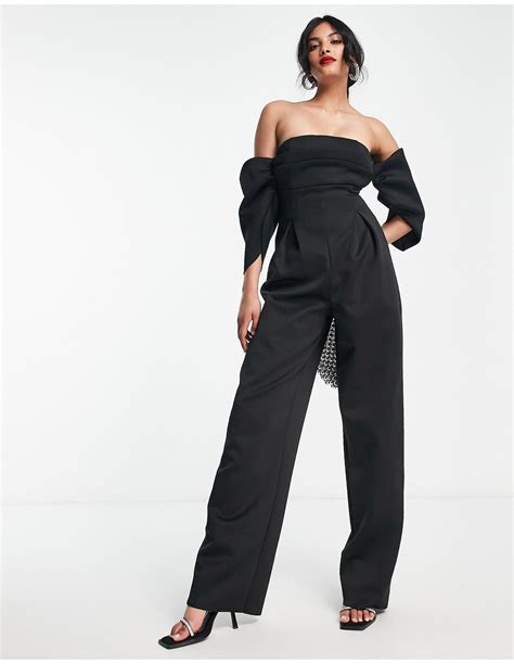 Asos Ruched Bardot Scuba Jumpsuit In Black Lyst