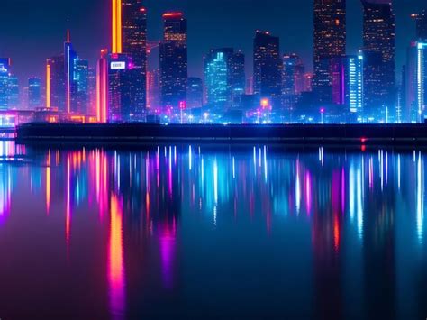 Premium Photo Neon City Lights Reflecting On Water