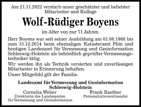 Traueranzeigen Von Wolf R Diger Boyens Trauer Anzeigen De