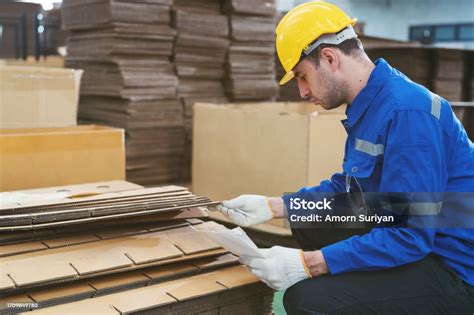 Male Warehouse Worker Working And Inspecting Quality Of Cardboard In