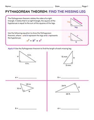 Pythagorean Theorem Find The Missing Leg Interactive Worksheet