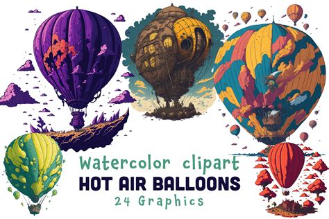 Watercolor Hot Air Balloons Clipart Watercolor Painting 24 SVG Files 24 PNG Files And