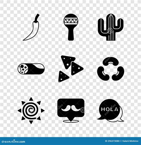 Set Hot Chili Pepper Pod Maracas Cactus Sun Mustache Hola Burrito And Nachos Icon Vector