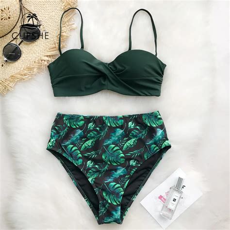 CUPSHE Green Print Bikini Set Women Heart Neck Push Up High Waisted Two