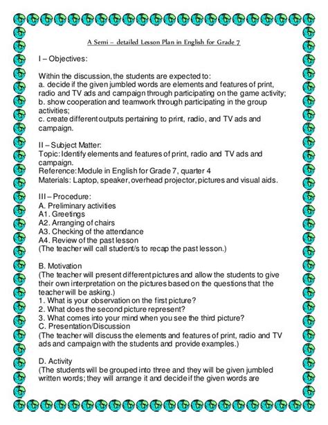 A Semi Detailed Lesson Plan In English For Grade 7 I Objectives Within The Discussionthe