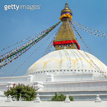 Buddhist Shrine Boudhanath Stupa With Buddha Wisdom Eyes And Pra