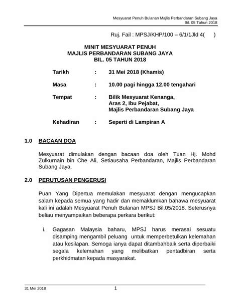 Pdf Minit Mesyuarat Penuh Majlis Perbandaran Subang Mesyuarat Penuh