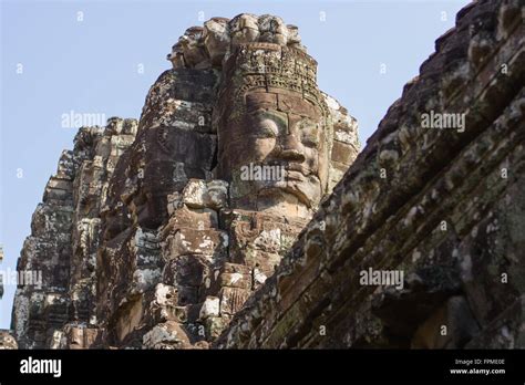 Stone Head On Towers Of Bayon Temple In Angkor Thom Cambodia Stock