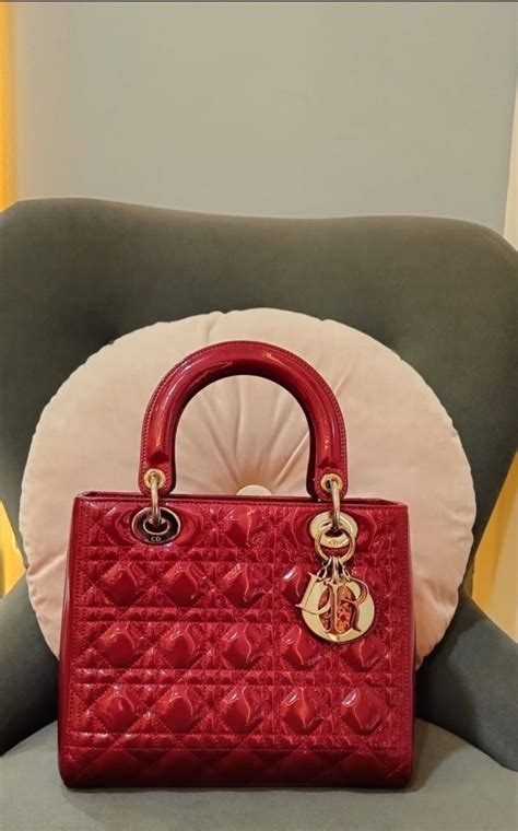 Vgc Lady Dior Medium Cherry Red Patent With Db Cards Booklet