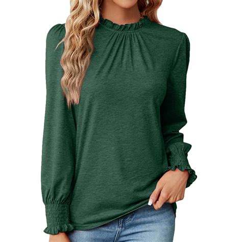 XFLWAM Long Sleeve Blouses For Women Frill Mock Neck Ruffle Puff Sleeve