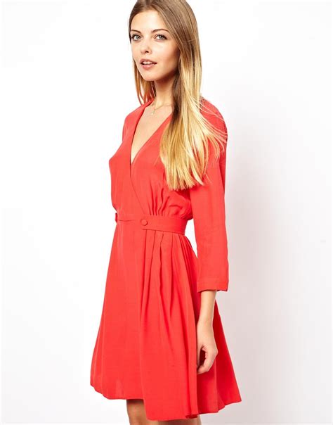 Lyst Asos Skater Dress With Wrap Front And Tab Side In Red