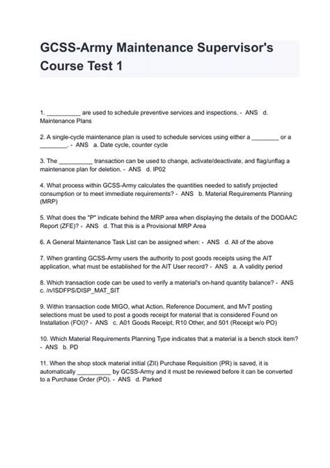 Gcss Army Maintenance Supervisor S Course Test Questions And Answers