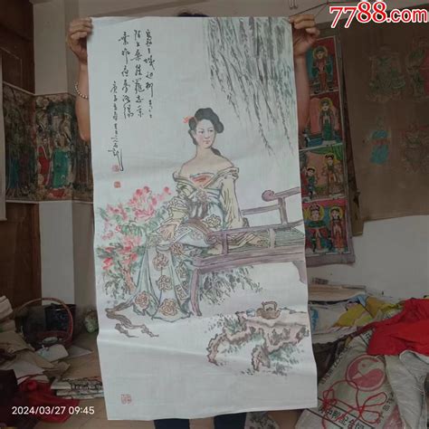 长100宽50厘米，手绘人物画国画仕女图，春风杨柳牡丹喝茶人物国画原作图片价格收藏价值7788钢笔收藏