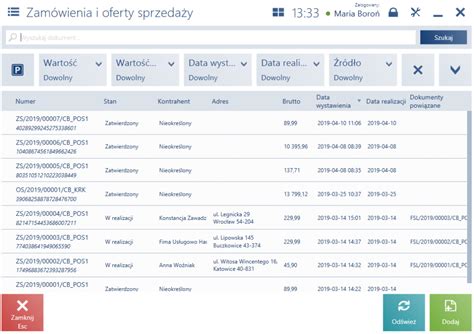 Lista zamówień sprzedaży Baza Wiedzy programu Comarch POS 2021 5