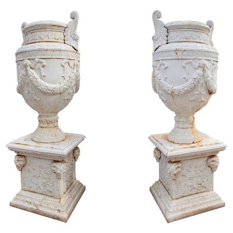 Pair Of 1990s French Monumental Cast Iron Garden Planter Urns W Plinth