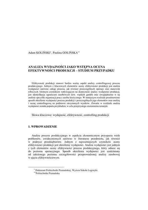 Pdf Analiza Wydajno Ci Jako Wst Pna Ocena Efektywno Ci Produkcji