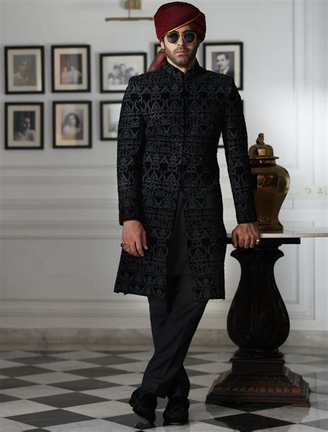 Black Velvet Heavy Embroidered Sherwani Ismail Farid Pakistan