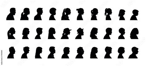 People Face Profiles Side View Black Silhouette Set Collection Man And