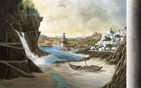 Wallpaper Castle Boat Lake Waterfall Fantasy Art Fantasy City