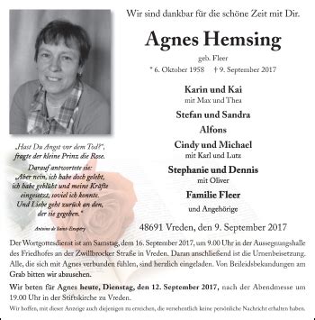 Traueranzeigen Von Agnes Hemsing Sich Erinnern De