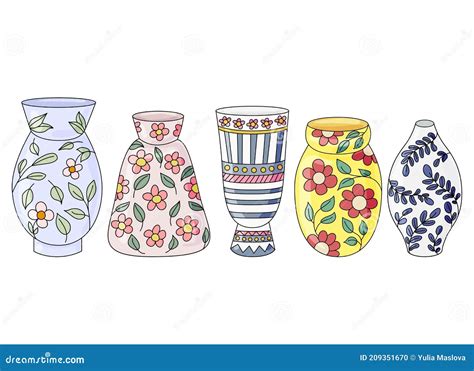 Vases With Flowers Hand Drawn Set Of Elements In Doodle Style Vector