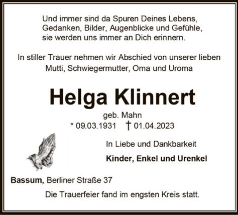 Traueranzeigen Von Helga Klinnert Trauer Kreiszeitung De