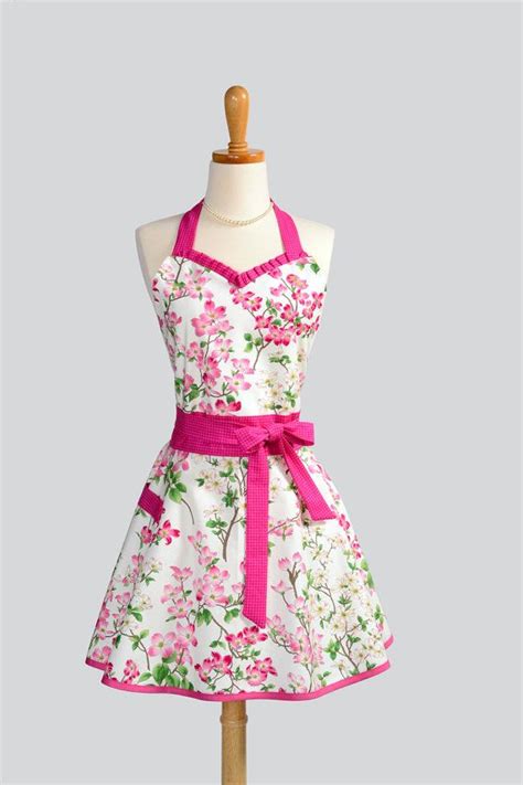 Womens Flirty Sweetheart Apron Hot Pink Ruffles In Dogwood On White