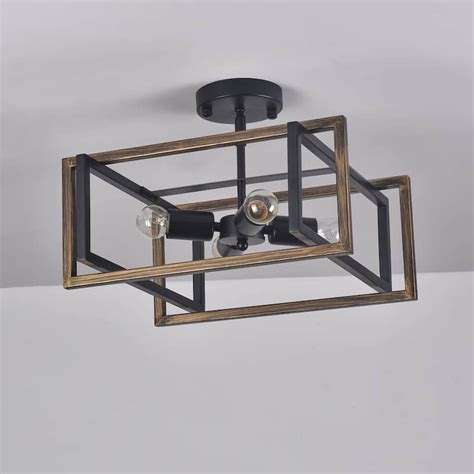 Farmhouse 4 Light Black And Brown Rectangular Semi Flush Mount Lamp