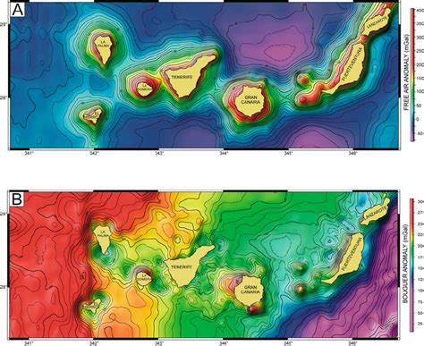 A Free Air Anomaly Map Contour Interval 10 MGal B Bouguer