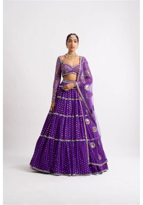 Lilac Lavender Designer Lehenga Skirt Blouse And Mirror Embroidered