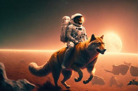 Astronauta Montando Lobo Na Paisagem De Marte Conceito De Luz Laranja