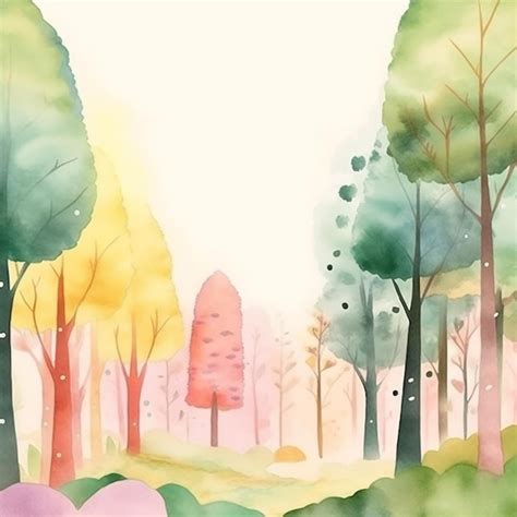 Uma pintura em aquarela de uma floresta uma árvore rosa e uma