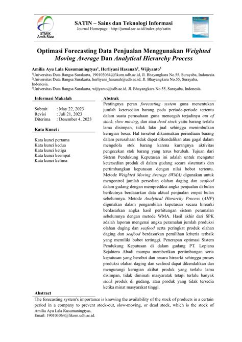 Pdf Optimasi Forecasting Data Penjualan Menggunakan Weighted Moving