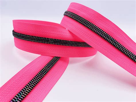 Neon Pink Zipper Tape With Dark Iridescent Rainbow Teeth Shadow Star